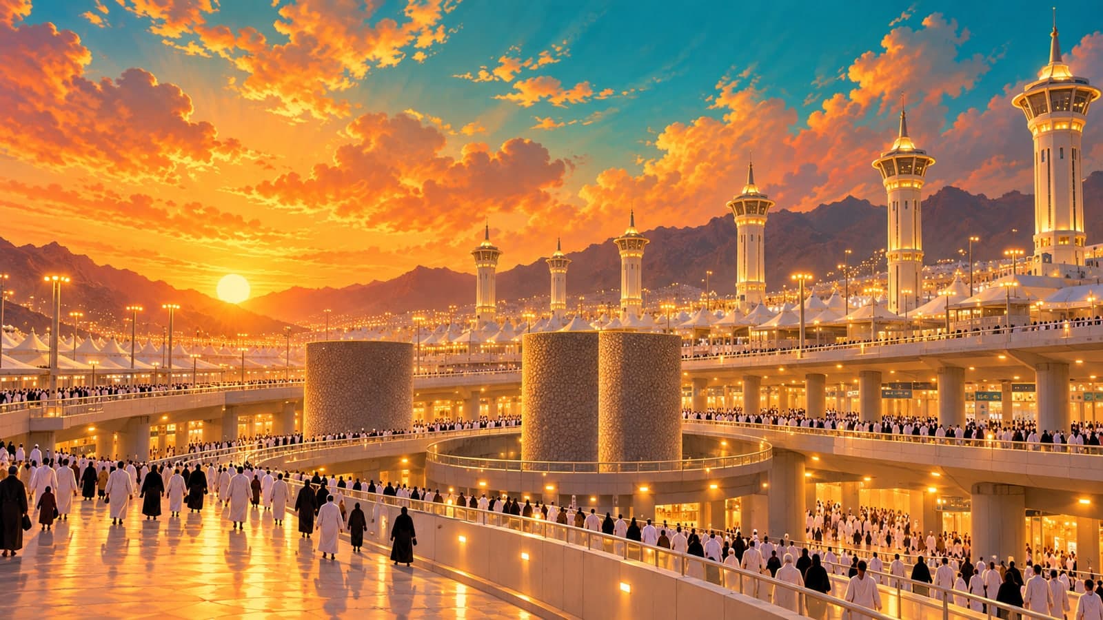 رسم تعبيري لأبراج منى وجسر الجمرات