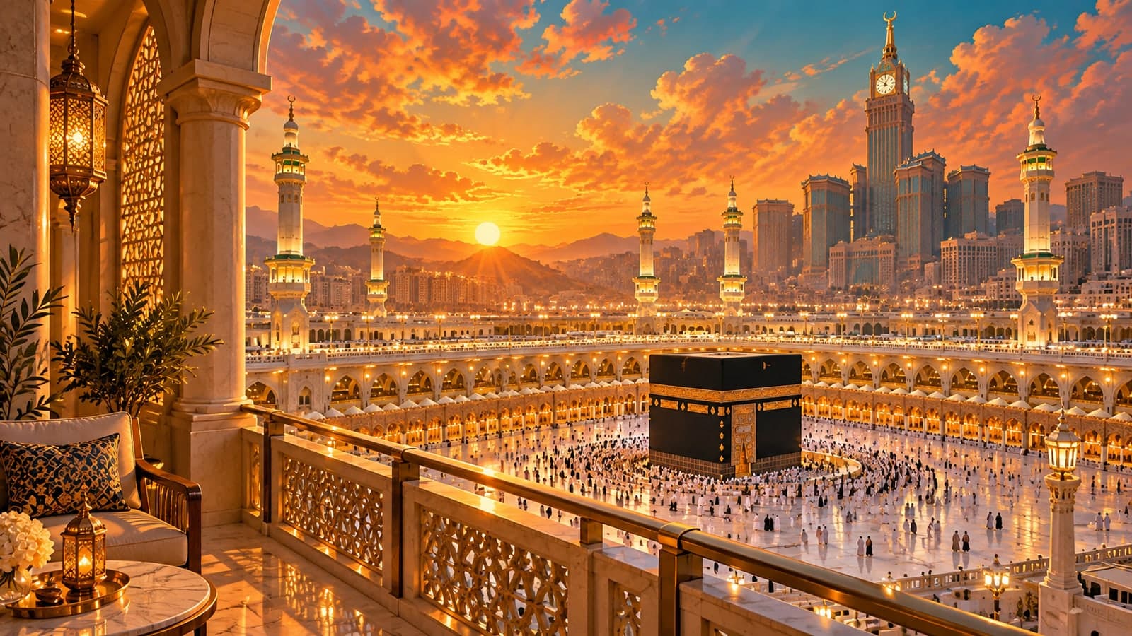رسم تعبيري للحرم المكي من شرفة فندق عند الفجر