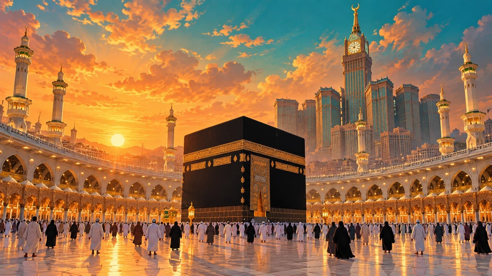 رسم تعبيري للمسجد الحرام والكعبة وقت الغروب