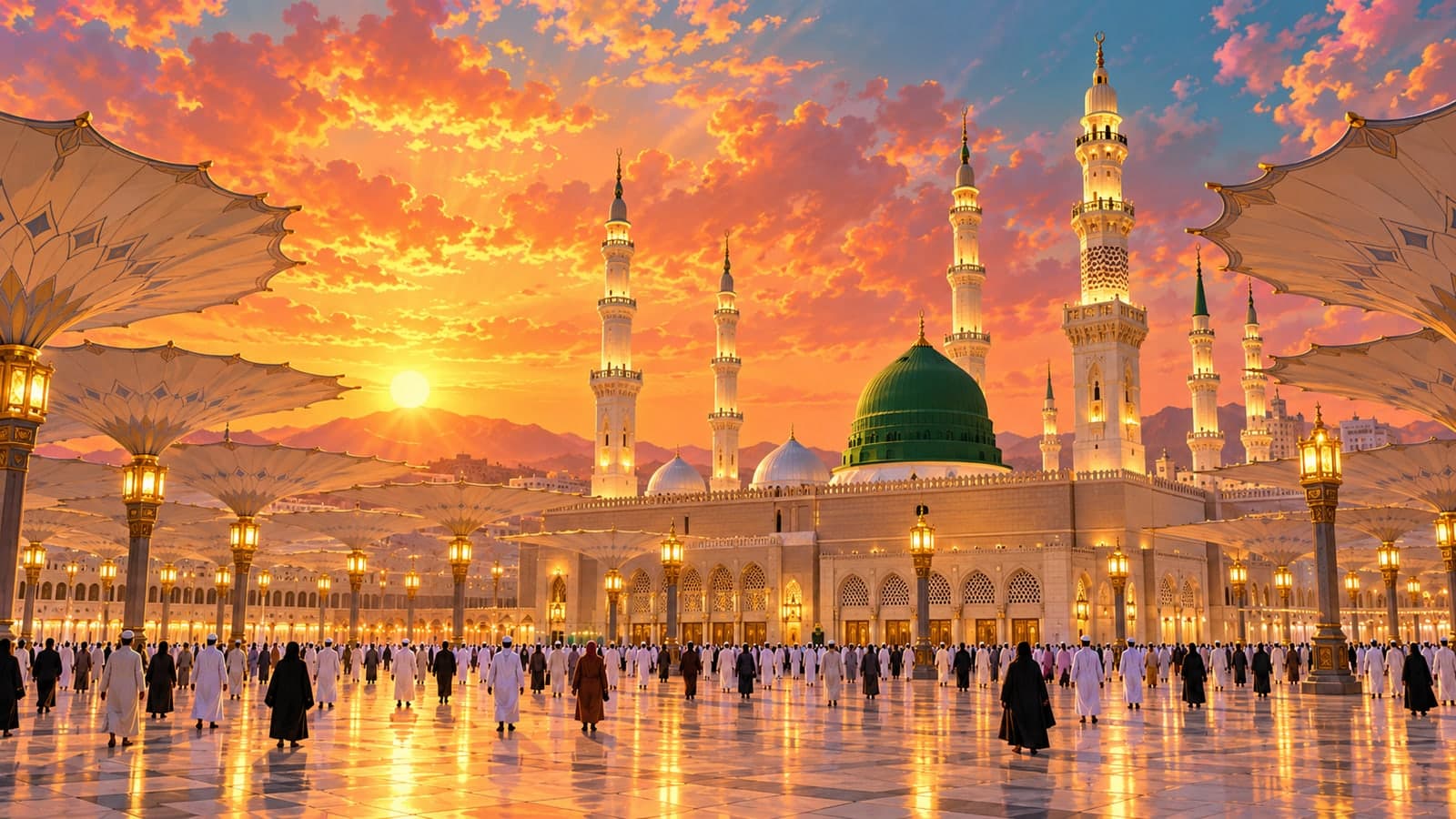 رسم تعبيري للمسجد النبوي والقباب الخضراء