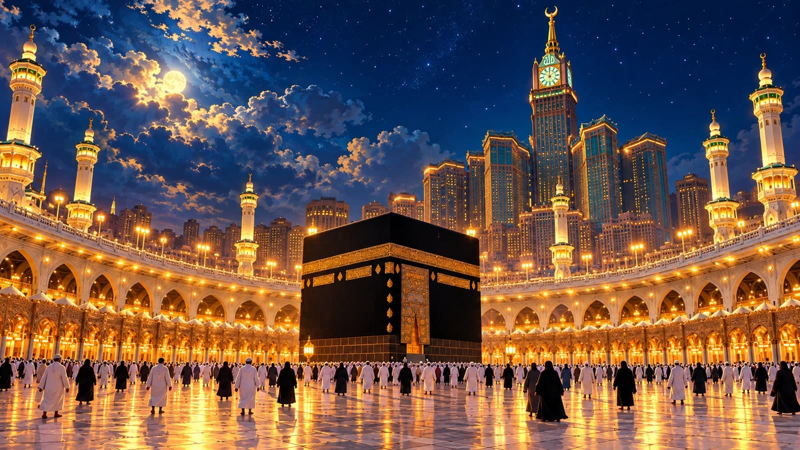 رسم تعبيري لأبراج مكة والحرم ليلًا