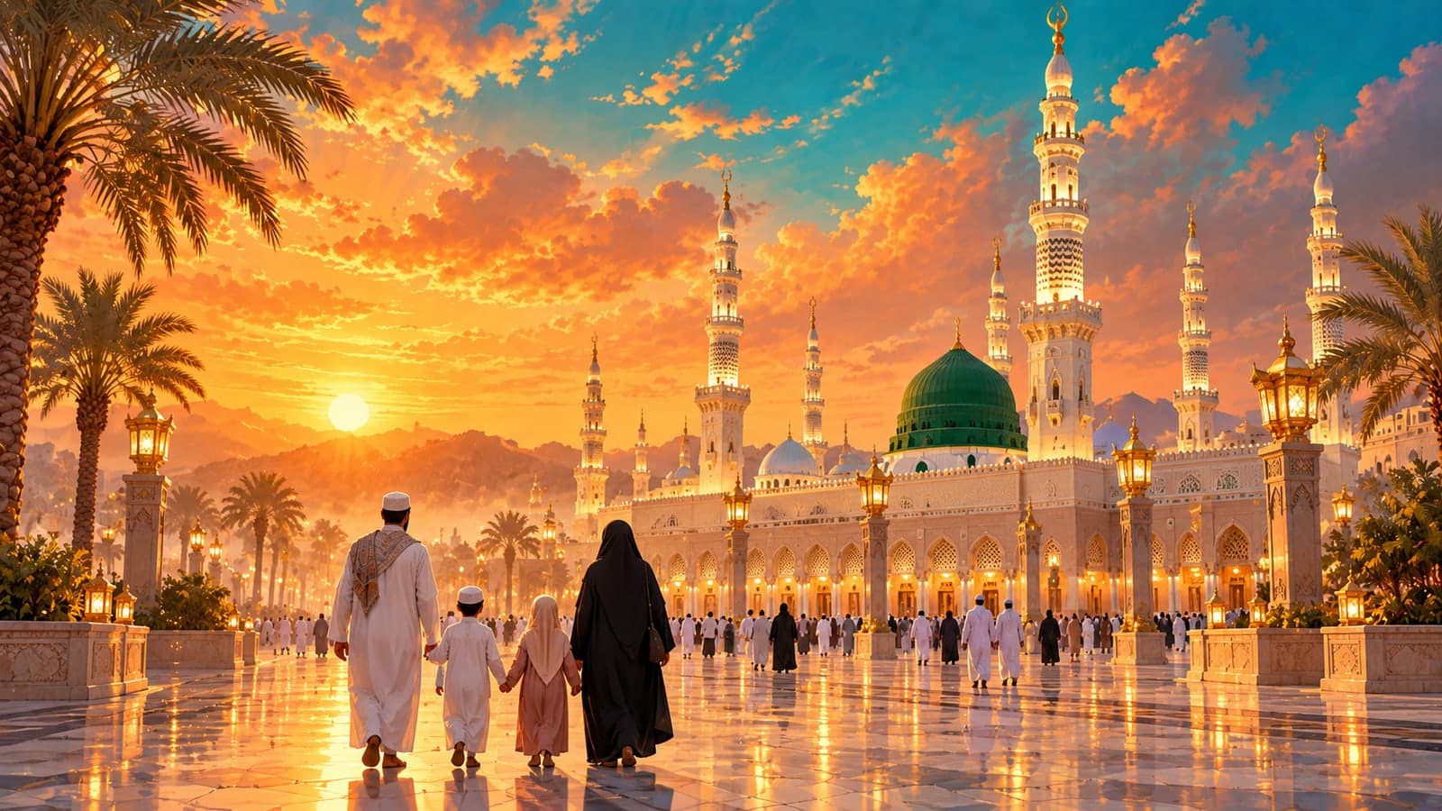رسم تعبيري لعائلة تمشي نحو المسجد النبوي وقت الفجر