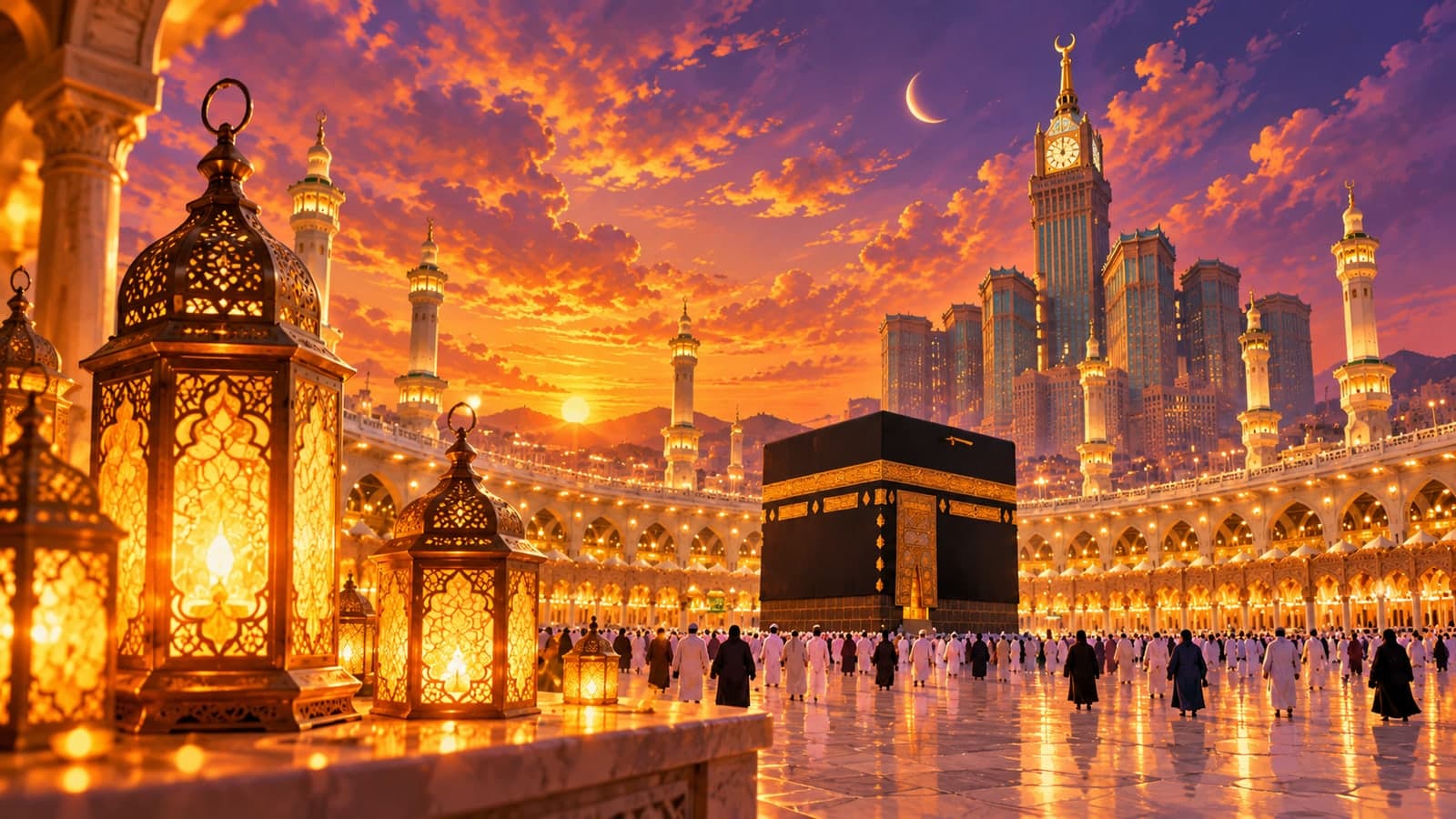 رسم تعبيري لفوانيس رمضان أمام الحرم المكي