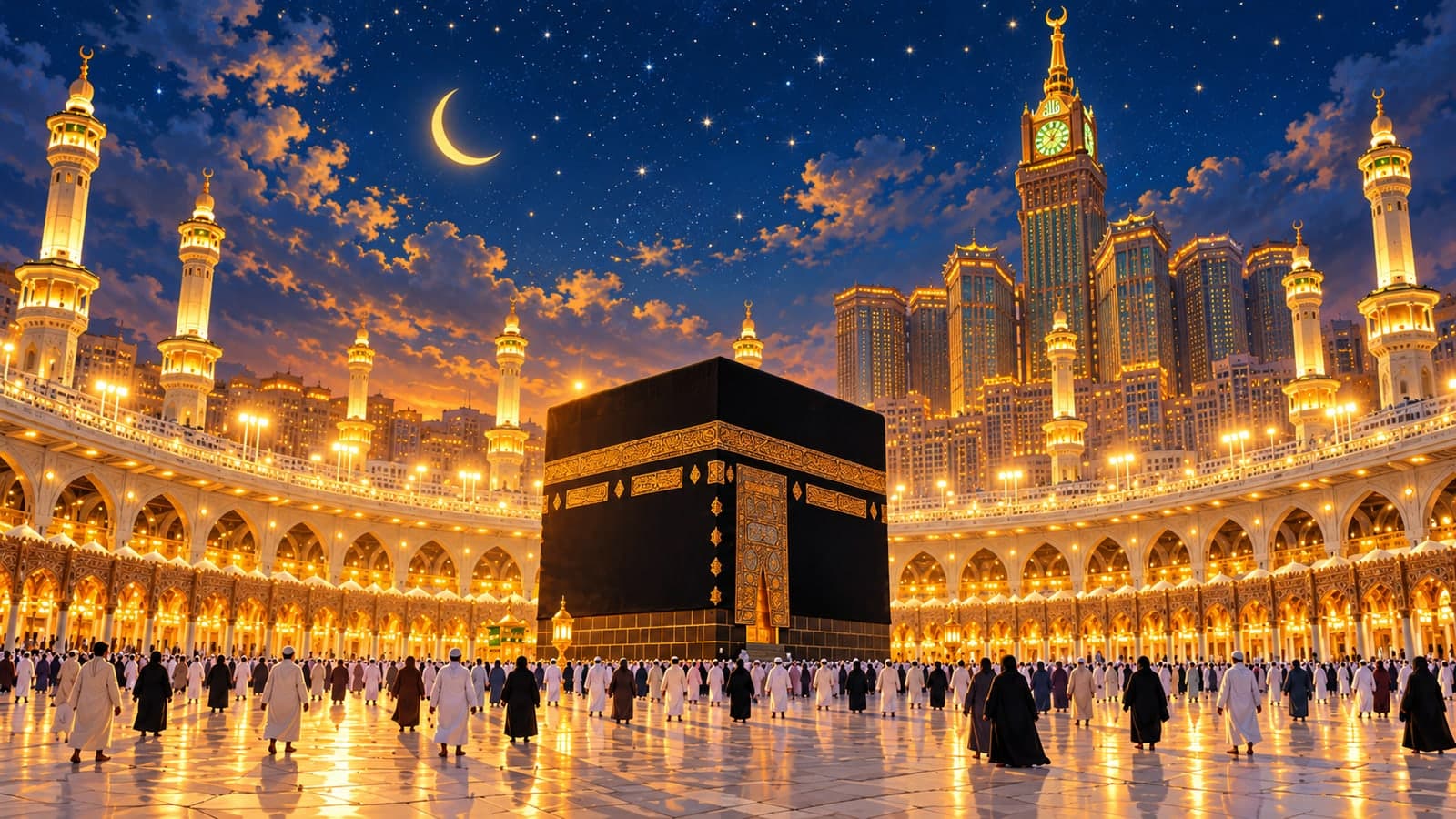 رسم تعبيري للحرم المكي مضاءً في ليالي رمضان