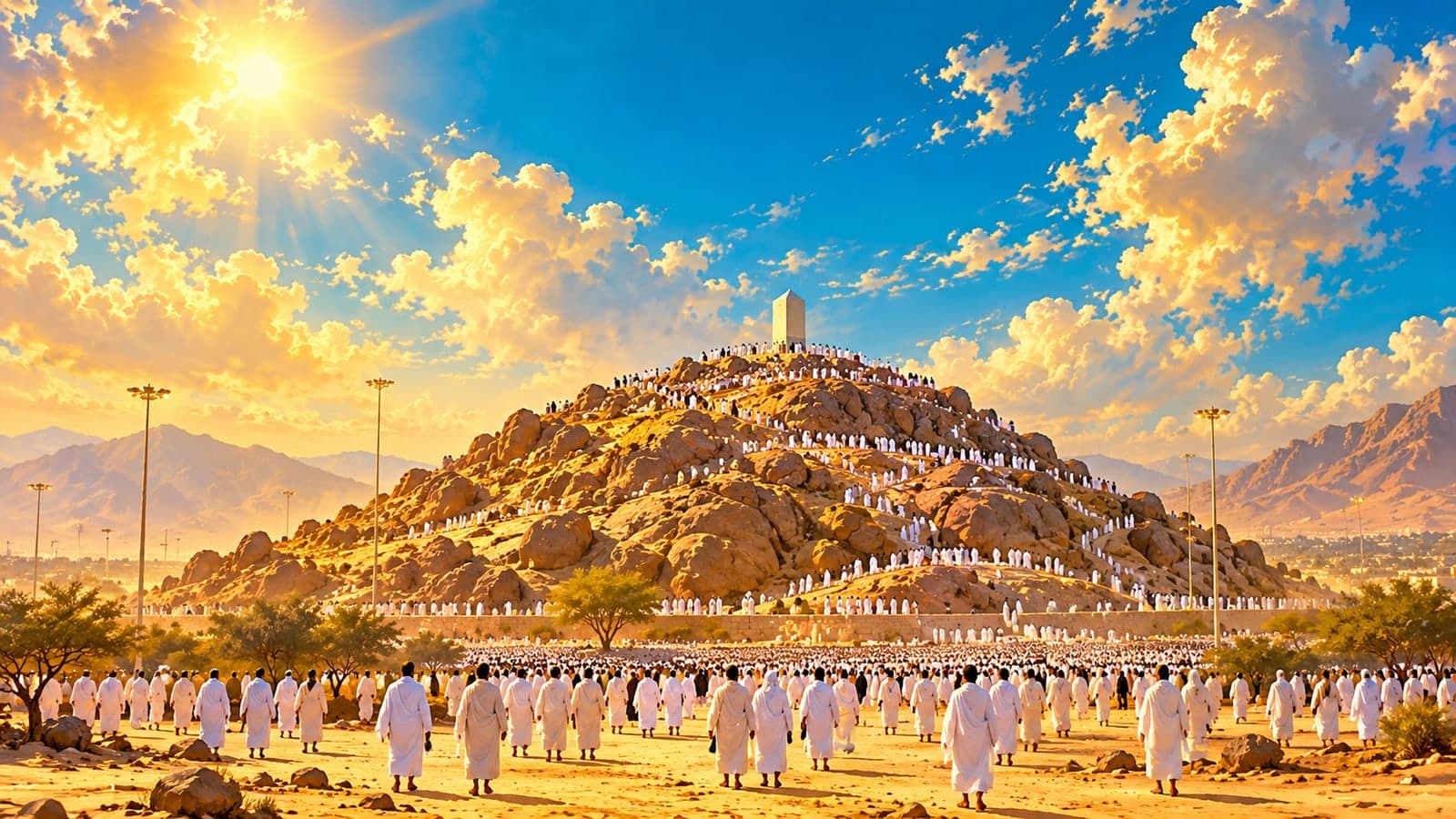 رسم تعبيري لجبل عرفات والحجاج بالملابس البيضاء